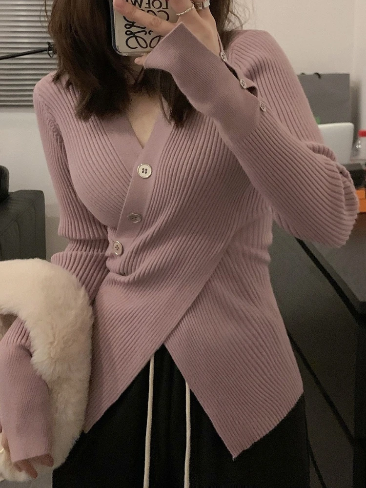 Women's Sweater Pullovers Spring and Autumn Solid Color Long Sleeve Slim-fit Split Hem Pullover Knitwear Base Layer Top