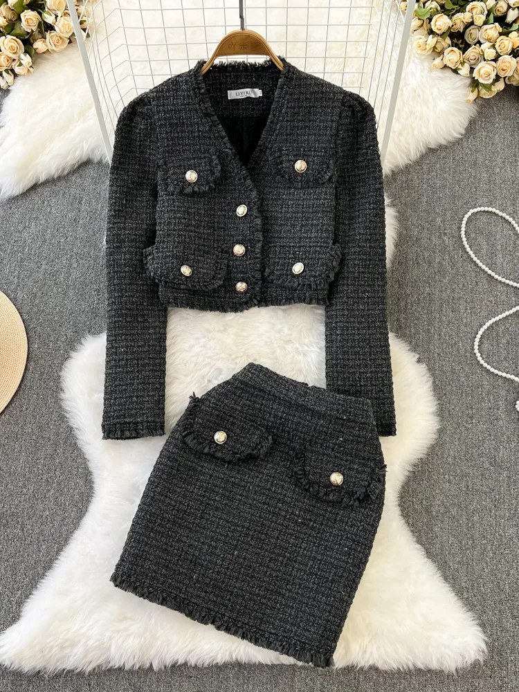 

High Quality Vintage Small Fragrance Tweed Two Piece Set Women V Neck Short Jacket Coat + High Waist Tassel Mini Skirt Suits