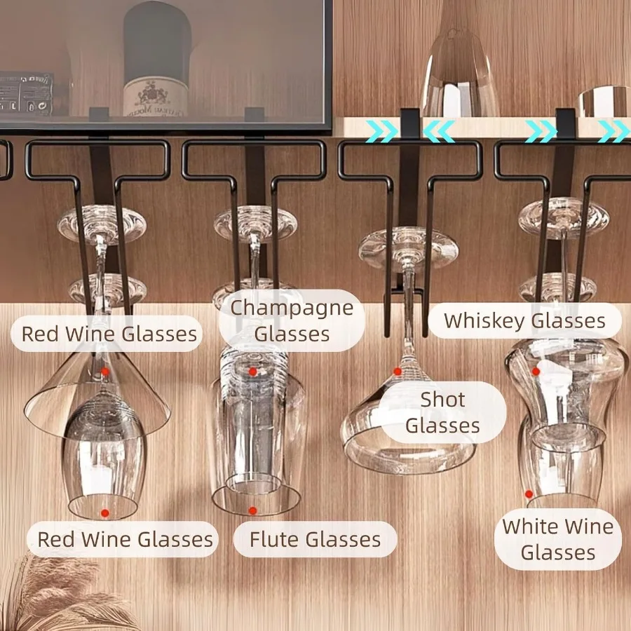 Wine Glass Holder 2PCS Stemware Rack Hanger Under Cabinet Wine Glass Rack Kitchen Hanging Glass Storage Rack OrganizerBlack