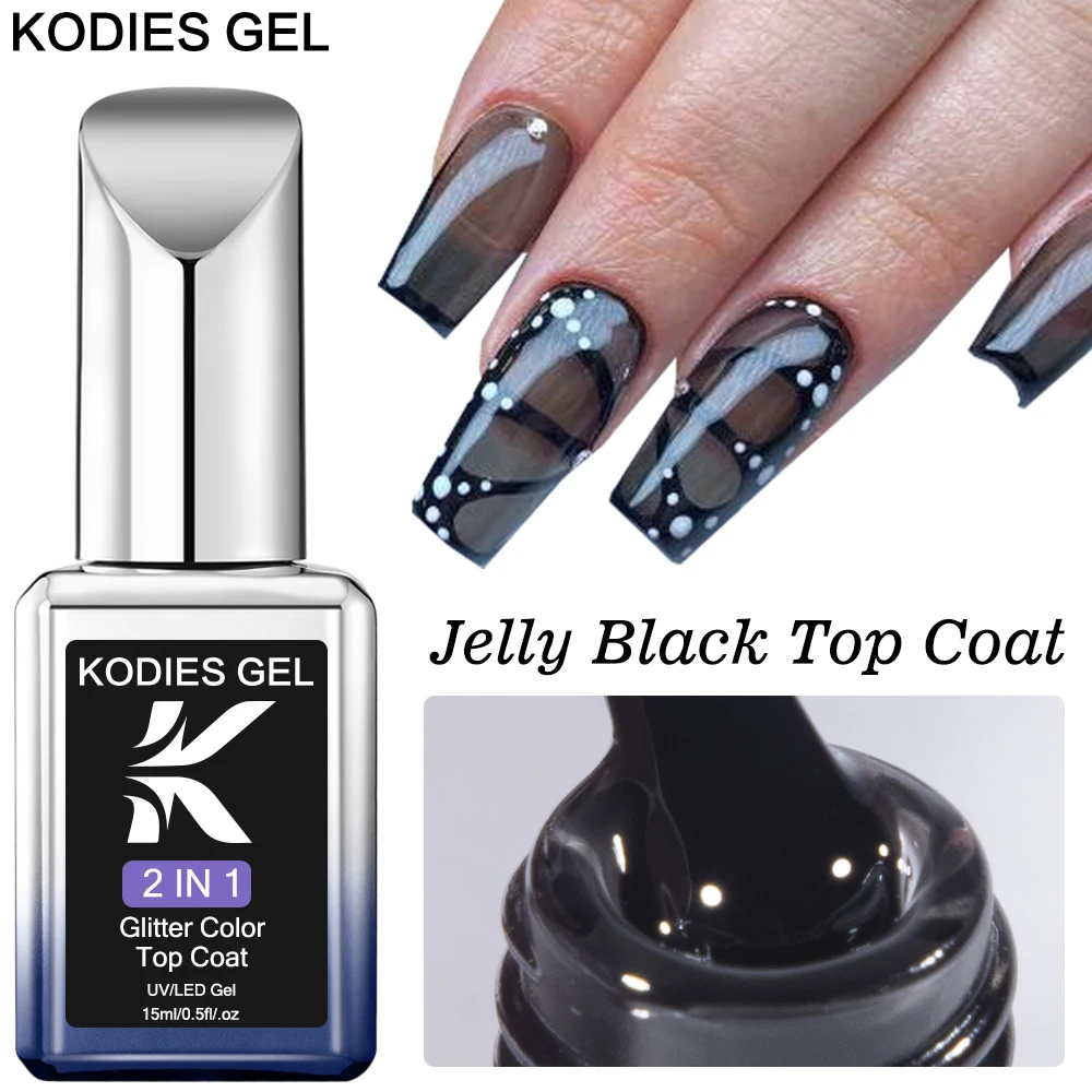 KODIES GEL Jelly Black Top Coat Gel Nail Polish 15ML Semi Permanent UV Diamond Topcoat No Wipe Sealer Manicure Nail Art Finish