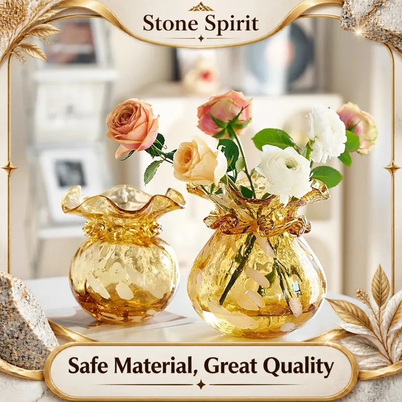Golden Money Bag Glass Vase, Hydroponic Vase, Living Room Dining Table Decoration Glass Jar, Home Decoration Flower Arrangement
