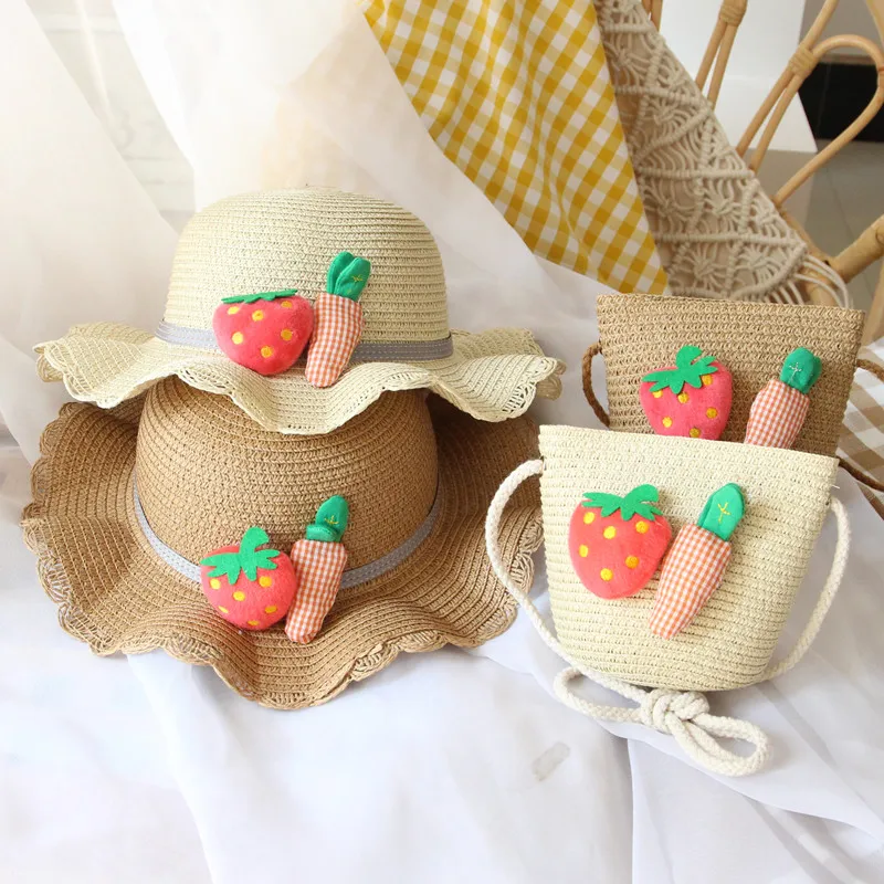 Summer Handwoven Straw Shoulder Crossbody Bag Kids Straw Sun Hat Cute Flower Handbag Girl Woven Bag Cap for Travel Beach Outdoor