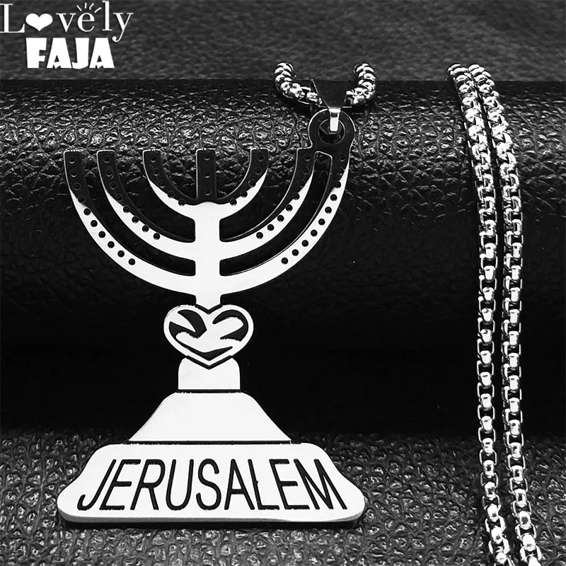 

Jerusalem Menorah Judaica Candle Holder Pendant Necklace Stainless Steel Hebrew Hanukkah Israel Shekel Emblem Jewelry N7722S03
