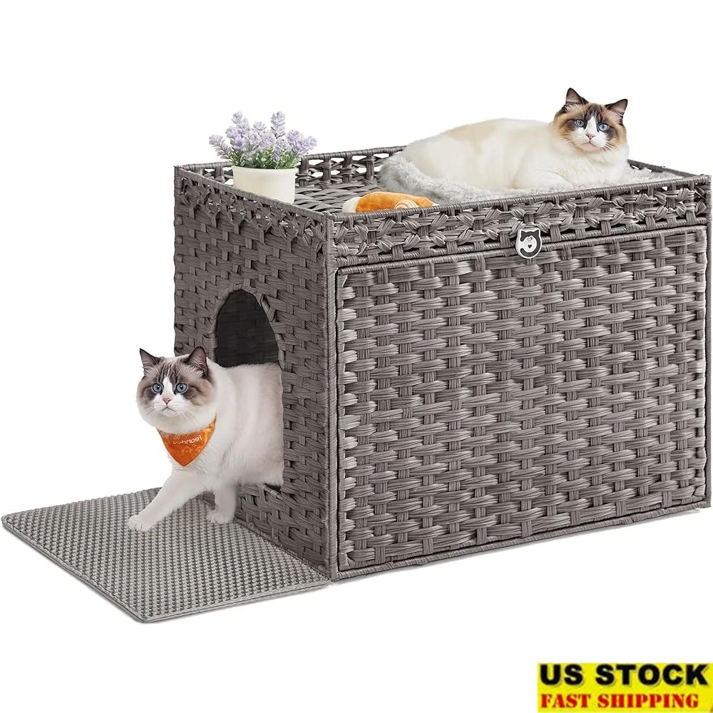 

Boho Cat Litter Box Enclosure Handwoven Rattan with Washable Tray Extra Litter Mat Easy Clean Installation