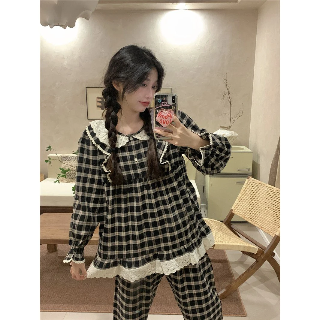

Princ Sle Comfortable Spwear Set Floral Lace Trim Home Clothes Long Sve Knitted Cotton Spring Autumn Winter Outerwear