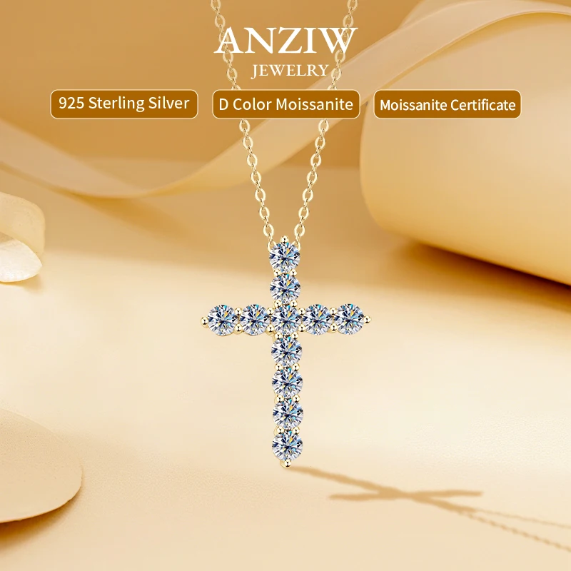 

Anziw Classic 3.5mm Moissanite Cross Pendant Necklace for Women Men 925 Silver Chain Adjustable 45+5cm Collar Fine Jewelry Gifts
