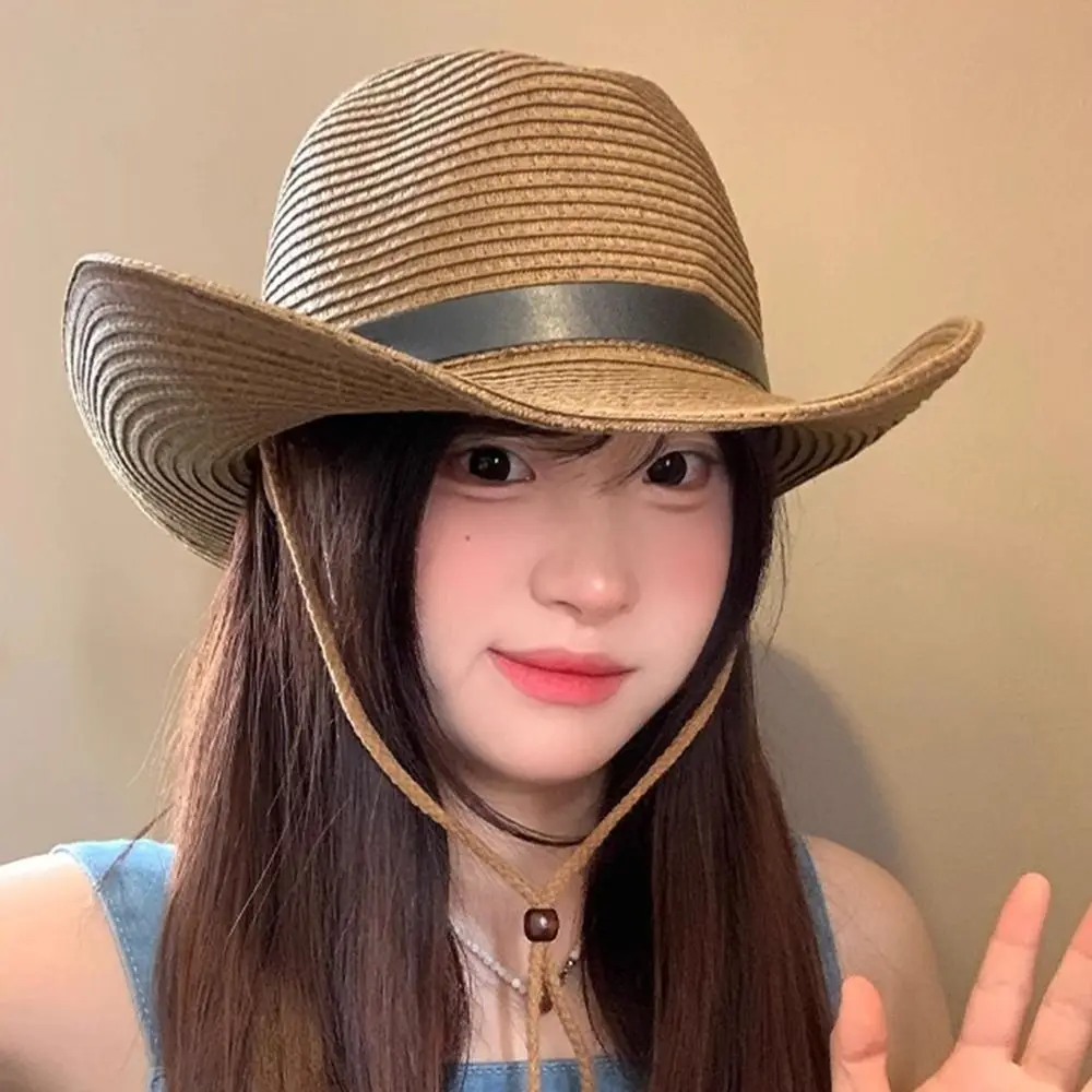 

Vintage Summer Western Cowboy Hat Foldable Wide Brim Straw Visor Hat Boho Outdoor Sun Protection Cap Unisex