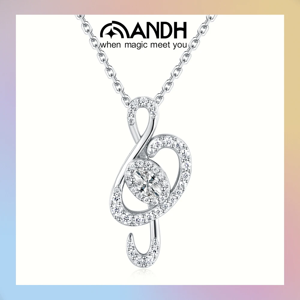 

ANDH сверкающее муассанитовое женское ожерелье с музыкальной нотой, стерлинговое серебро 925 пробы, изящная певица, любители музыки, модные ювелирные изделия, подарок