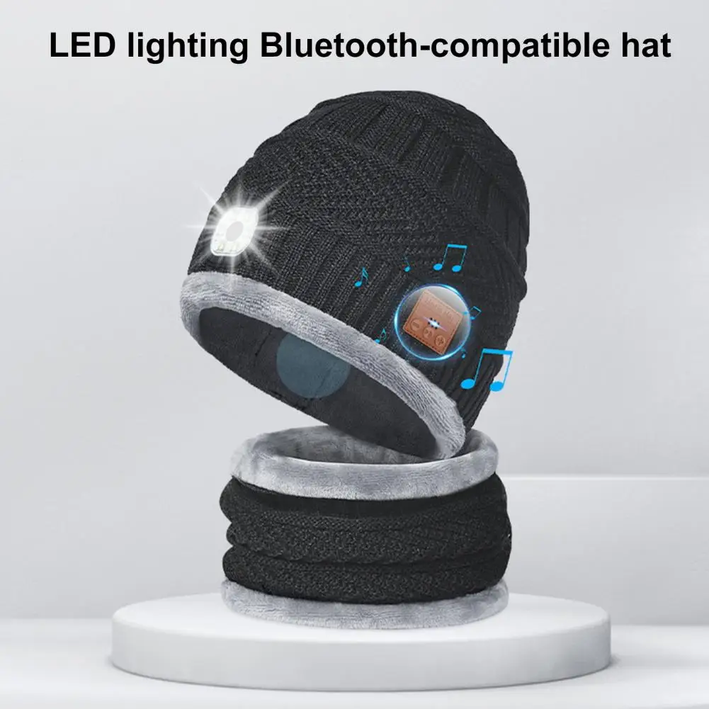 

LED Headphone Hat Neck Warmer Set Winter Warm Cap Knitted Elastic Soft Fabric Rechargeable High Brightness Illumination Waterpro