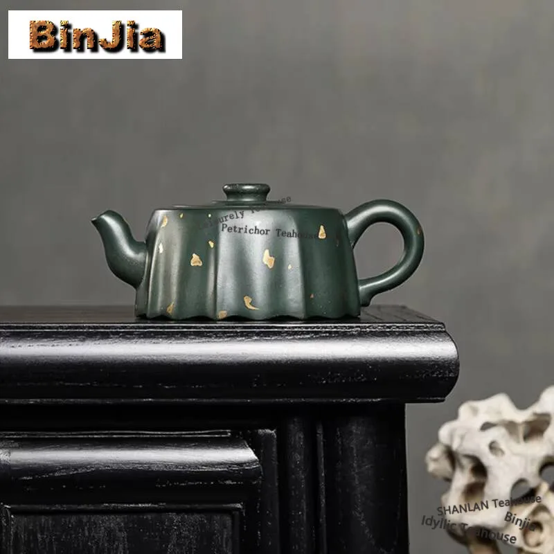 

240ml Vintage Yixing Purple Clay Teapots Handmade Sprinkle Gold Well Curb Pot Raw Ore Azure Mud Kettle Chinese Zisha Teaset Gift