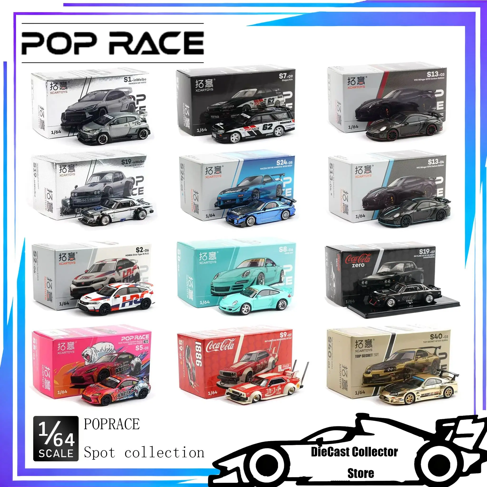 POP RACE 1/64 Porsche RWB Skyline GTR PANDEM DATSUN Mazda RX7 Toyota Diecast Car Model Collection Alloy Miniature Cars Showcase