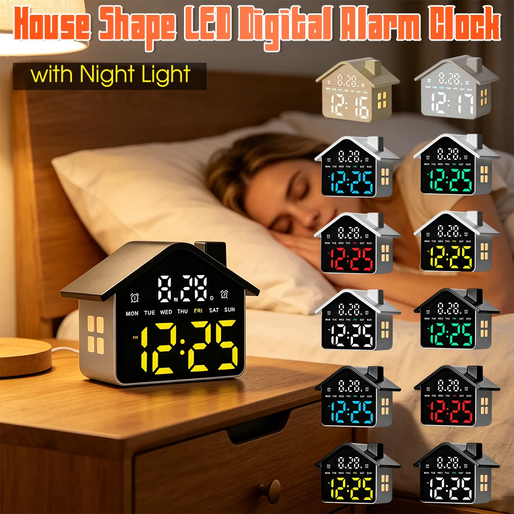LED Multi-Functional House Clocks with Night Light Date Week Display Alarm Clocks Brightness Adjustment for Bedroom Living Room