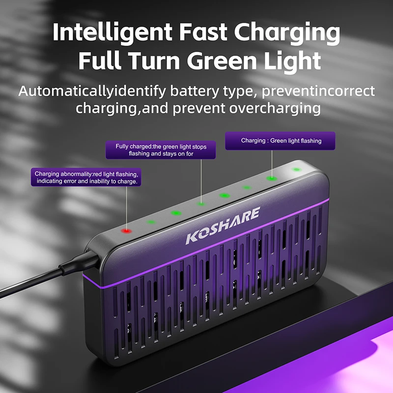 KOSHARE 8 Slot LED Smart Battery Charger Sets Type-C Port With 1.5V AA AAA Rechargeable Batteries 4255mWh 1100mWh Li-ion Battery