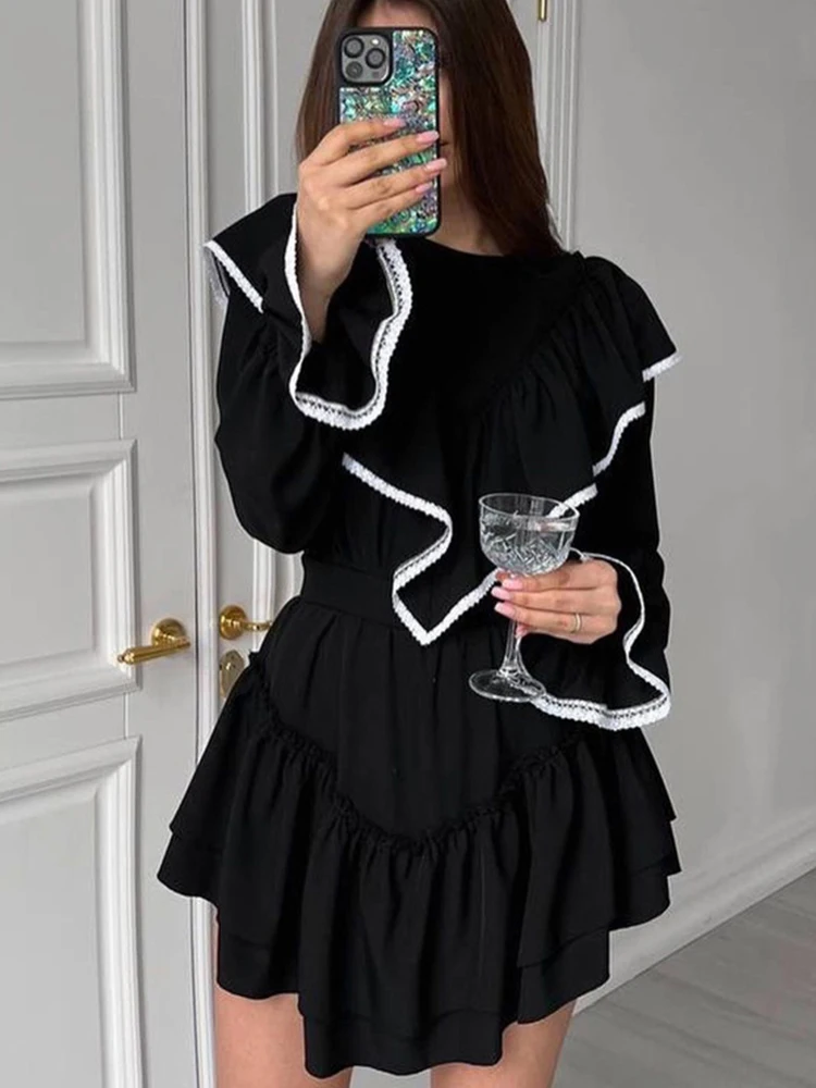 Mueyaruho 2023 Autumn Winter Women Elegant Sweet Mini Dress Solid Black Long Sleeve Ruffle Flare Dress Female