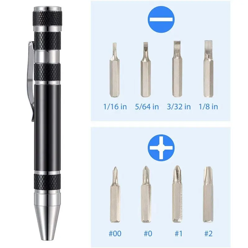 PZHI-8 Pcs Pen Screwdriver Handy Tool Eight In One Magnetic Pocket Screwdriver Multi-Function Mini Gadgets Repair Tools (Black)