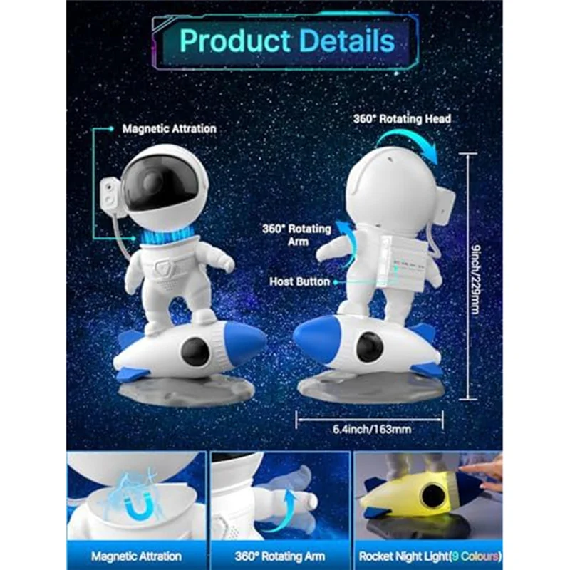 جهاز عرض LICE-Astronaut Galaxy، جهاز عرض Galaxy Night Light، جهاز عرض Space Buddy للأطفال مع جهاز تحكم عن بعد وتحكم في التطبيق Durabl