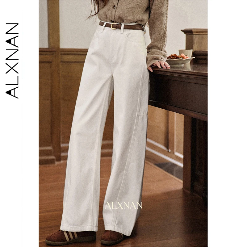 Alxnan jeans feminino branco de cintura alta perna larga em linha reta algodão 100% jeans outono casual senhora do escritório calças largas l569165