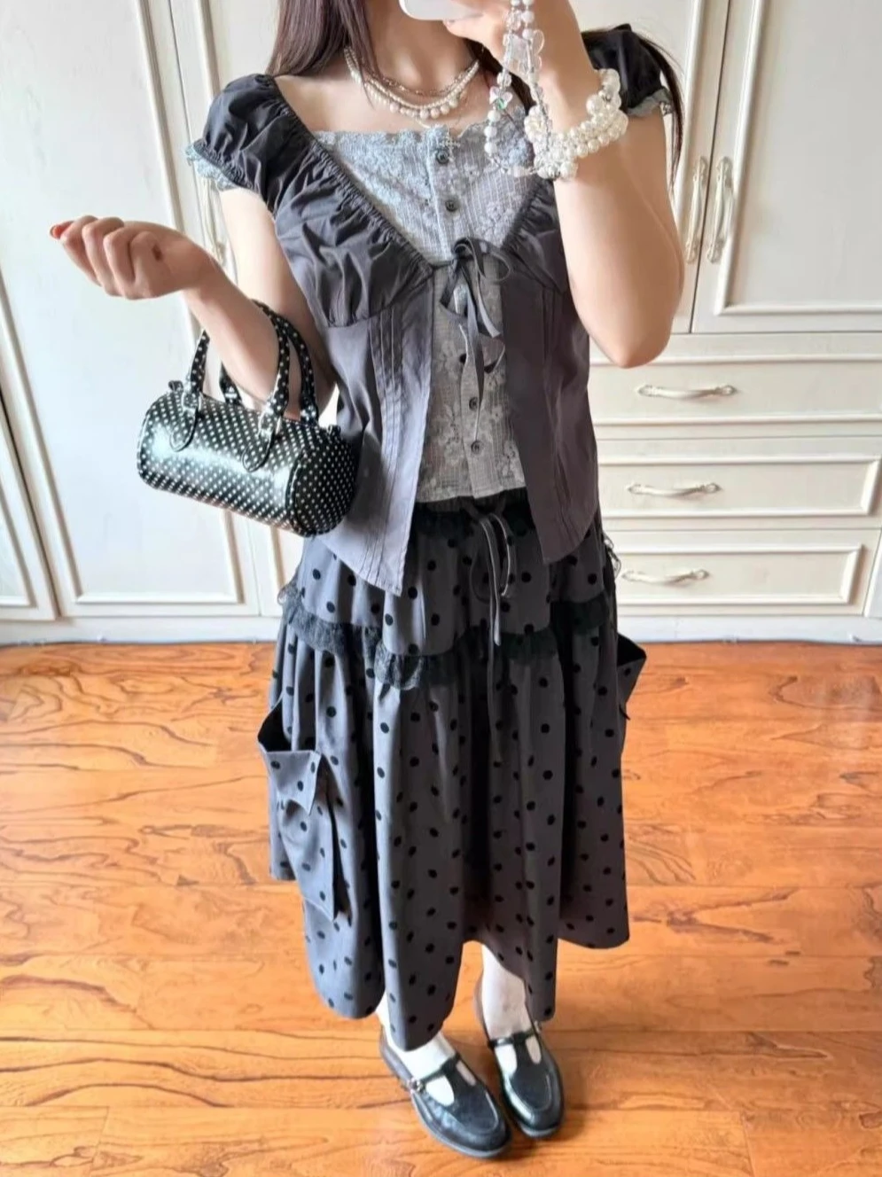 Subulture Y2K Kawaii Skirt Women Casual Polka Dot Tiered Midi Skirt Women High Waist Lace Trim Pocket A Line Harajuku Streetwear
