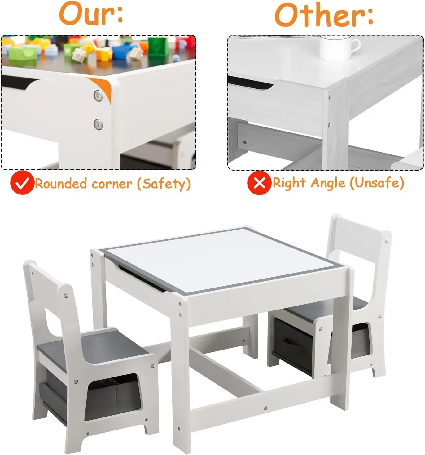 Ensemble de table et chaise en bois pour enfants, table d'activité avec rangement, MELfor Toddlers, dessin, lecture, artisanat, jeu, 2 en 1 D, 3 en 1