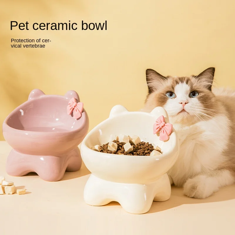 

Cute Ceramic Slanted Pet Small Medium Dogs, Elevated Feeding and Drinking Bowl with Neck, Whole