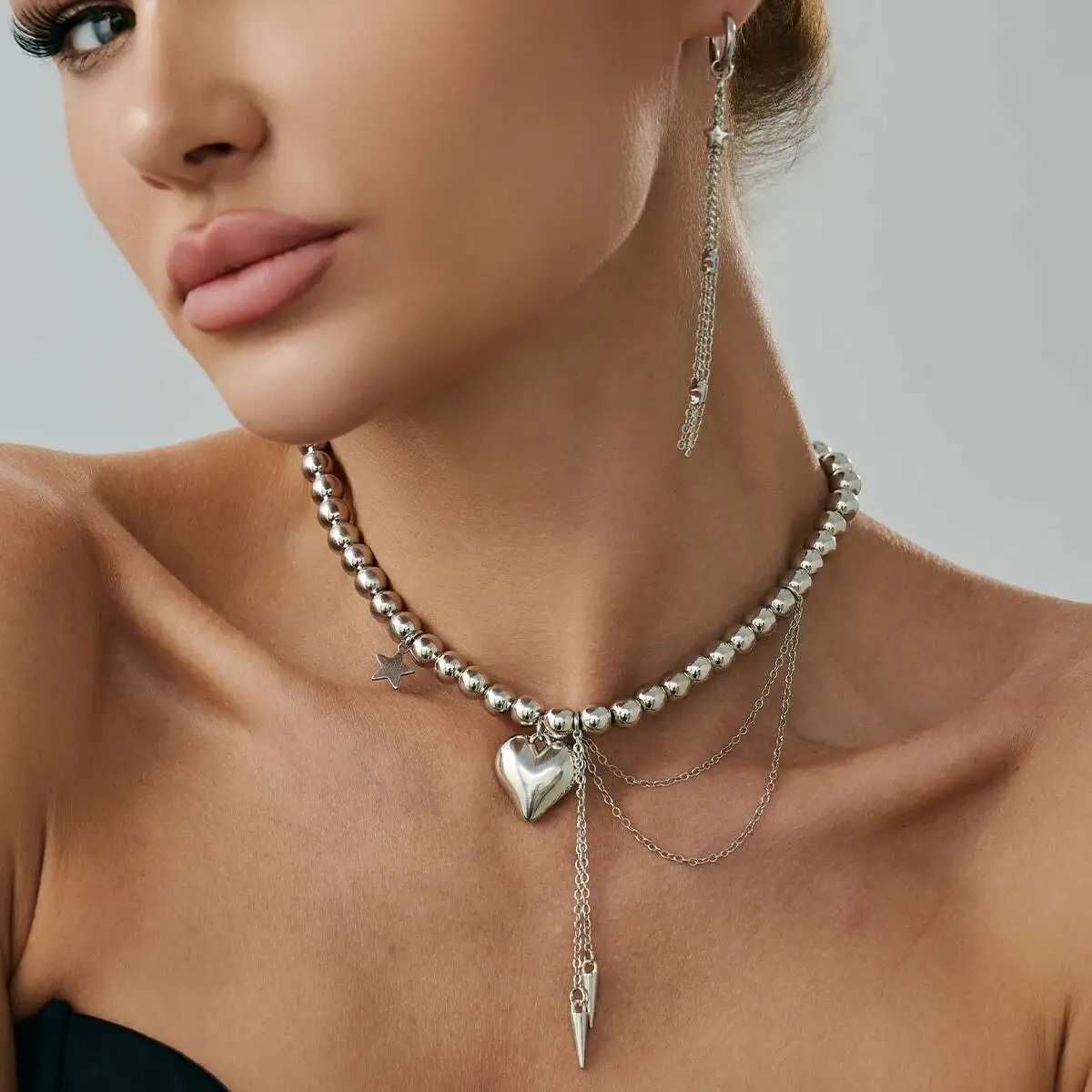 

SHIXIN Elegant Silver Color CCB Bead Chain Short Choker Necklace Drop Earring Jewelry Set for Women Trend Heart Pendant Necklace