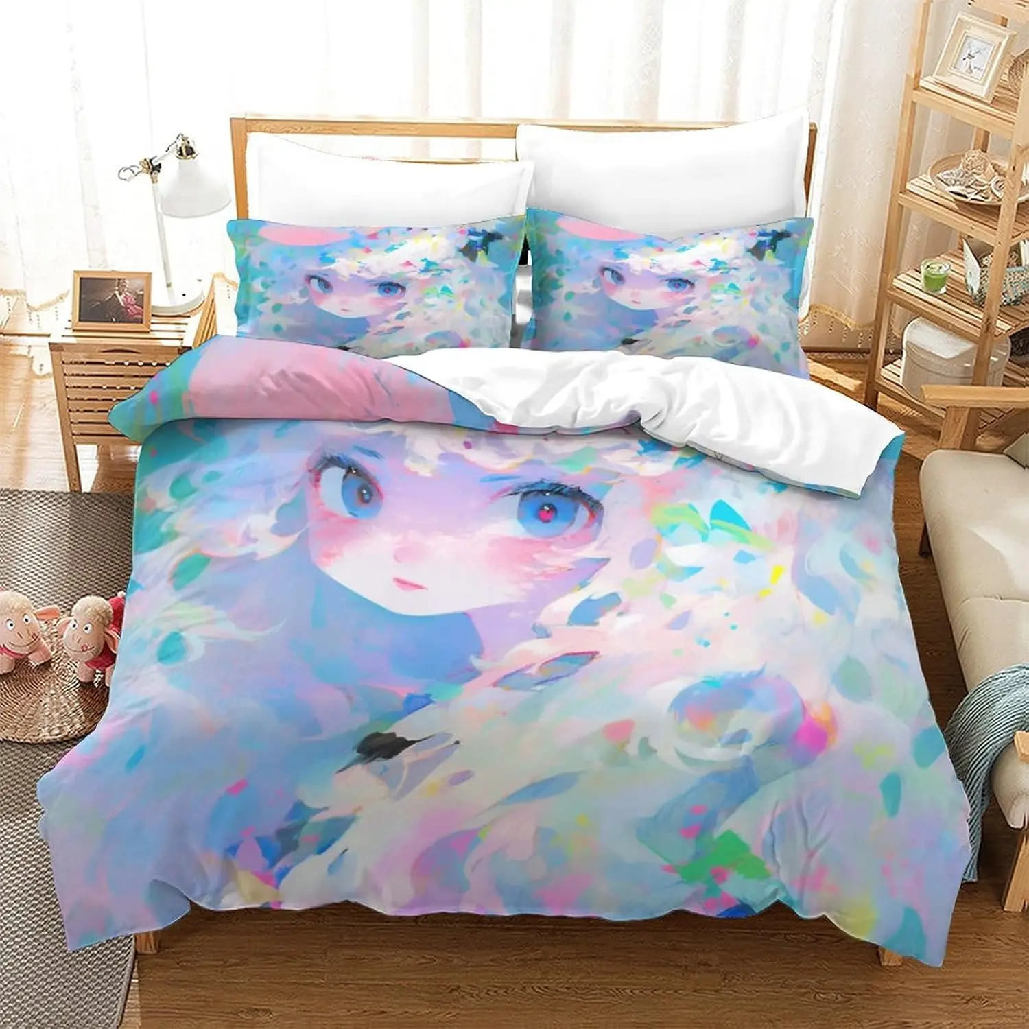 Colourful Anime Beauty Bedding Set Double Size 200x200cm 3pcs Zipper Closure Microfiber Cartoon Quilt Comforter Cover
