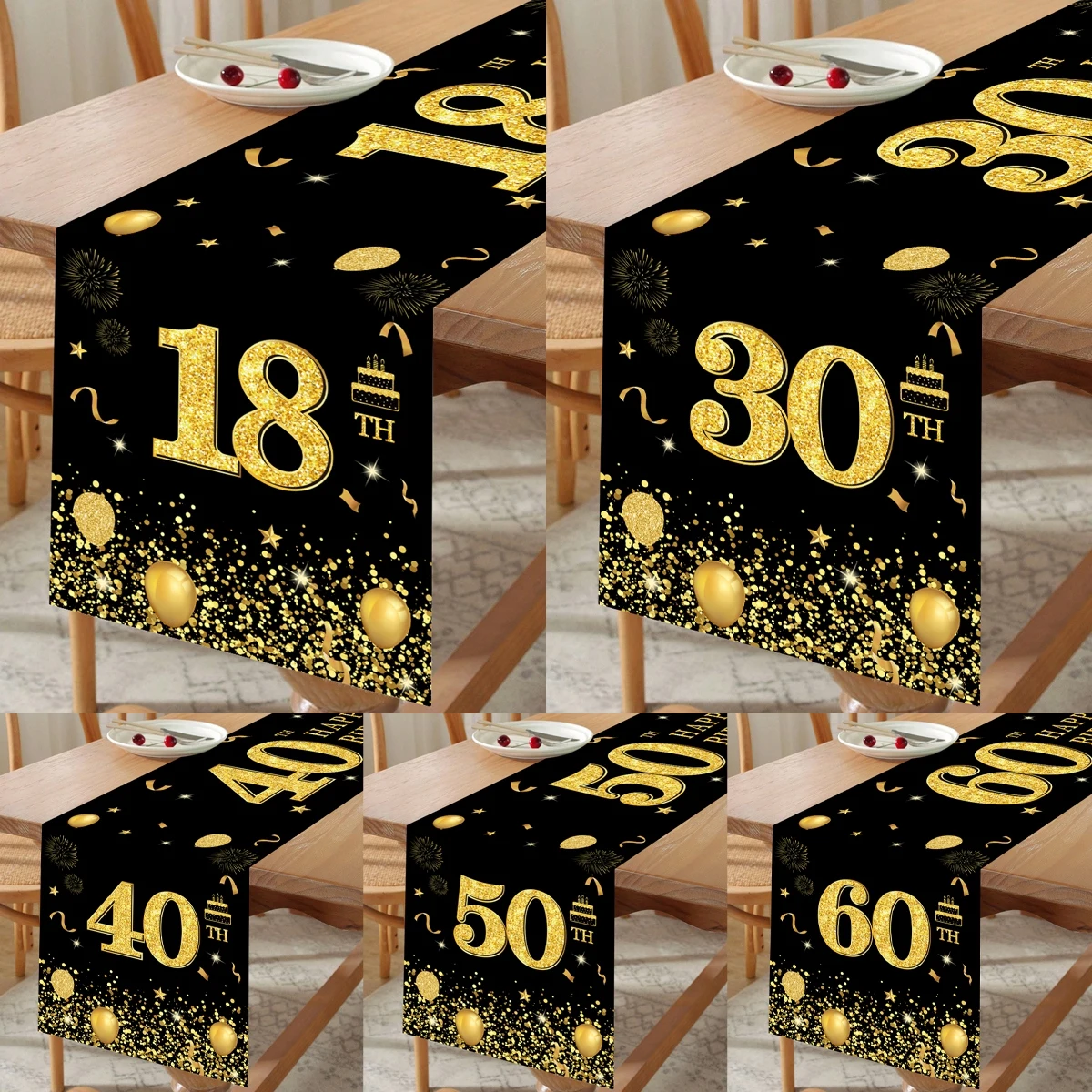 Black Gold Birthday Table Runner Happy Birthday Party Decoration18th 30th 40th 50th 60th Birthday Banner Table Cover Decoration
