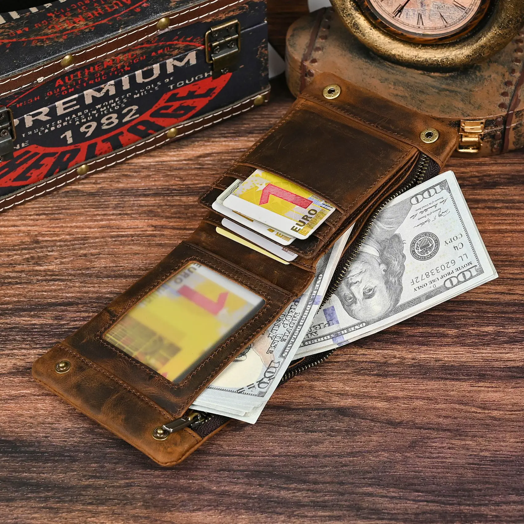 YETTIES Herren-Pull-Up-Geldbörse aus genarbtem Leder, kurzer Bifold-Reißverschluss mit abnehmbarer Kette, praktische Retro-Clutch für Herren – Detail 37
