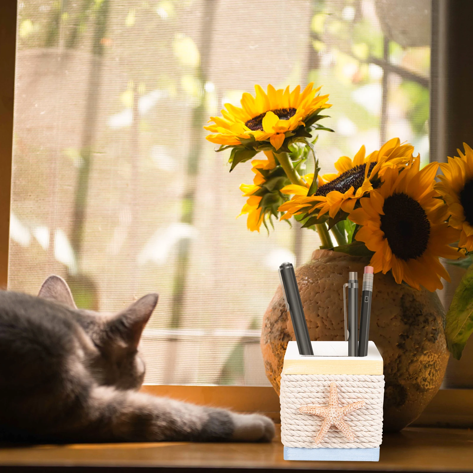 

1pc Wooden Pen Holder Mediterranean Style Desktop Organizer Stationery Storage Container For Pens Cosmetics Chopsticks