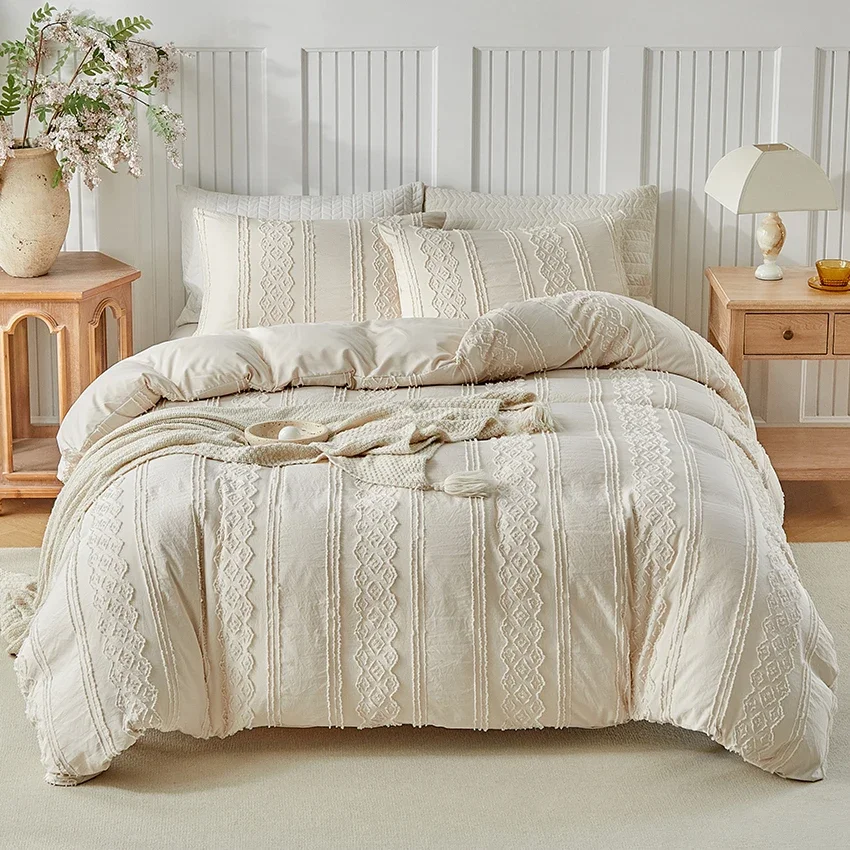 New Boho Stripes Cutting Flowers Duvet Cover Set Queen Bohemia Bedding Set Soft Comfortable Durable Comforter Cover Pillowcases