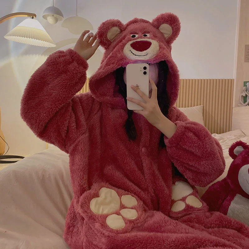 Kawaii Disney Lotso Cartoon Nightgown Coral Velvet Women Top Pajama Plush Soft Robe Hooded Cardigan Nightdress Home Clothes Warm