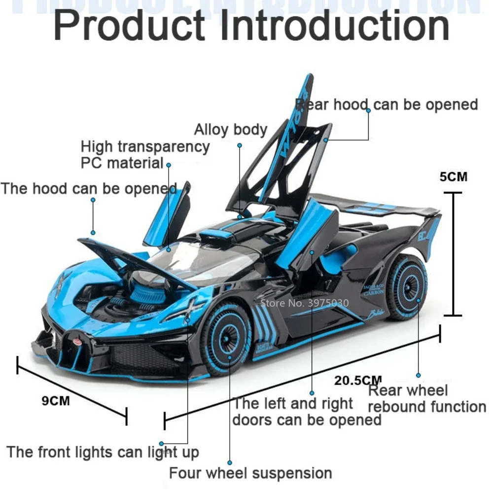 Maßstab 1:24 Bugatti Bolide Sportwagen Modell Spielzeug Legierung Druckguss Große Größe Zurückziehen Sound Licht Fahrzeug Spielzeug für Kinder Kinder Geschenk