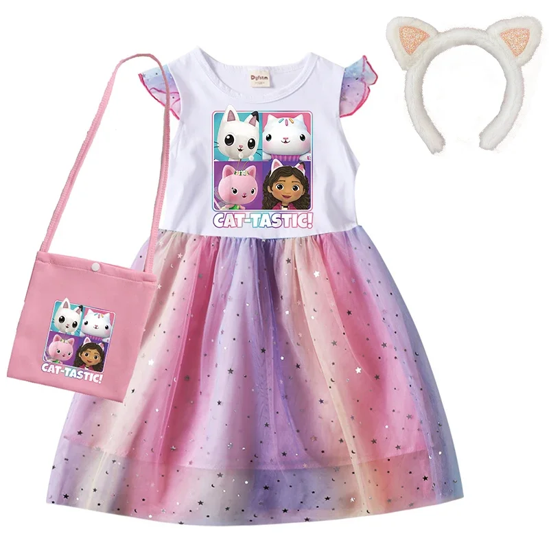 Gabby Cats-vestido de casa de muñecas para niñas, bata de princesa para Cosplay, vestidos de fiesta de cumpleaños para niños pequeños con bolsa, sombreros de verano