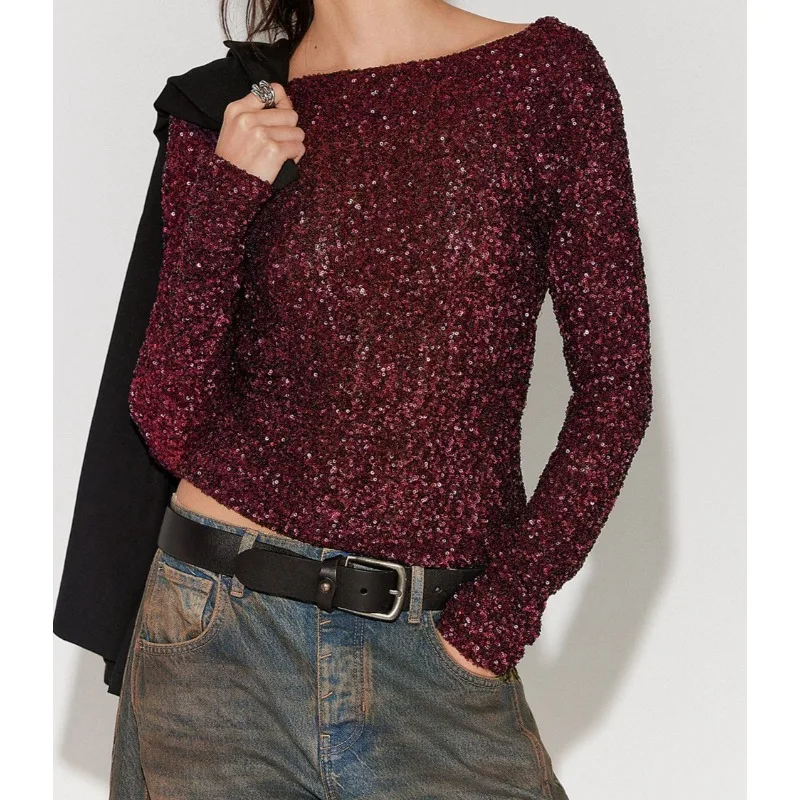 

Повседневная европейская и американская модная женская футболка с блестками и длинными рукавами, сексуальная облегающая женская футболка с открытой спиной