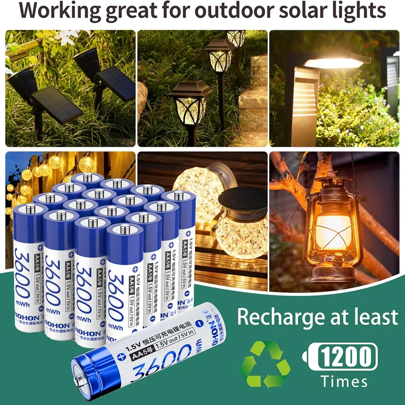 NOHON 1.5V AA แบตเตอรี่ชาร์จ 3600 มิลลิวัตต์ชั่วโมงแบตเตอรี่ลิเธียมไอออนสำหรับรีโมทคอนโทรลเมาส์ไฟฟ้าของเล่นแบตเตอรี่ AAA 1300 มิลลิวัตต์ชั่วโมงแบตเตอรี่