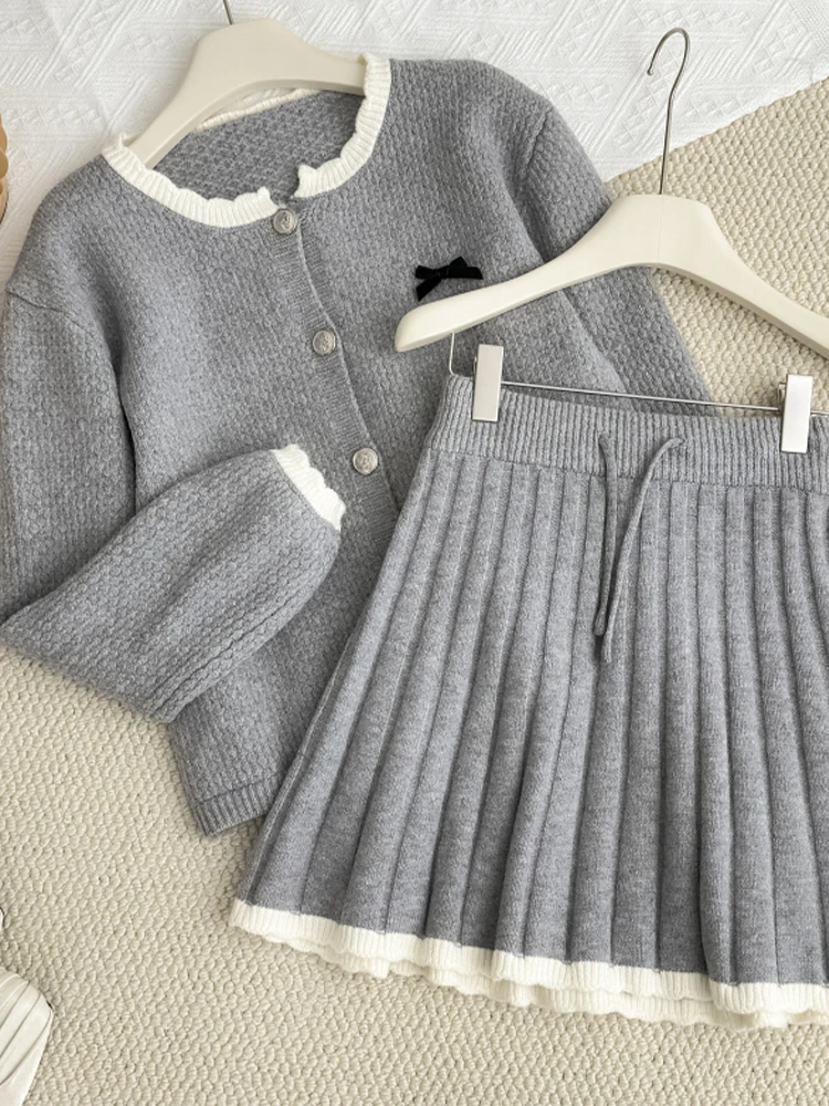 Women Grey Two Piece Sets 90s Vintage Long Sleeve Luxury Coat with Mini Skirt Vintage Y2k Skirts Sets Elegant 2000s Clothes 2024