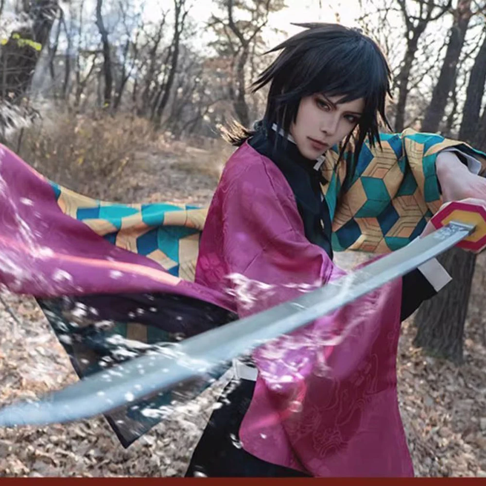 Kimetsu No Yaiba Giyuu Tomioka Cos Set Reversible Pattern Haori Black Killer Uniform Top Pants Belt Men's Anime Cosplay Costume