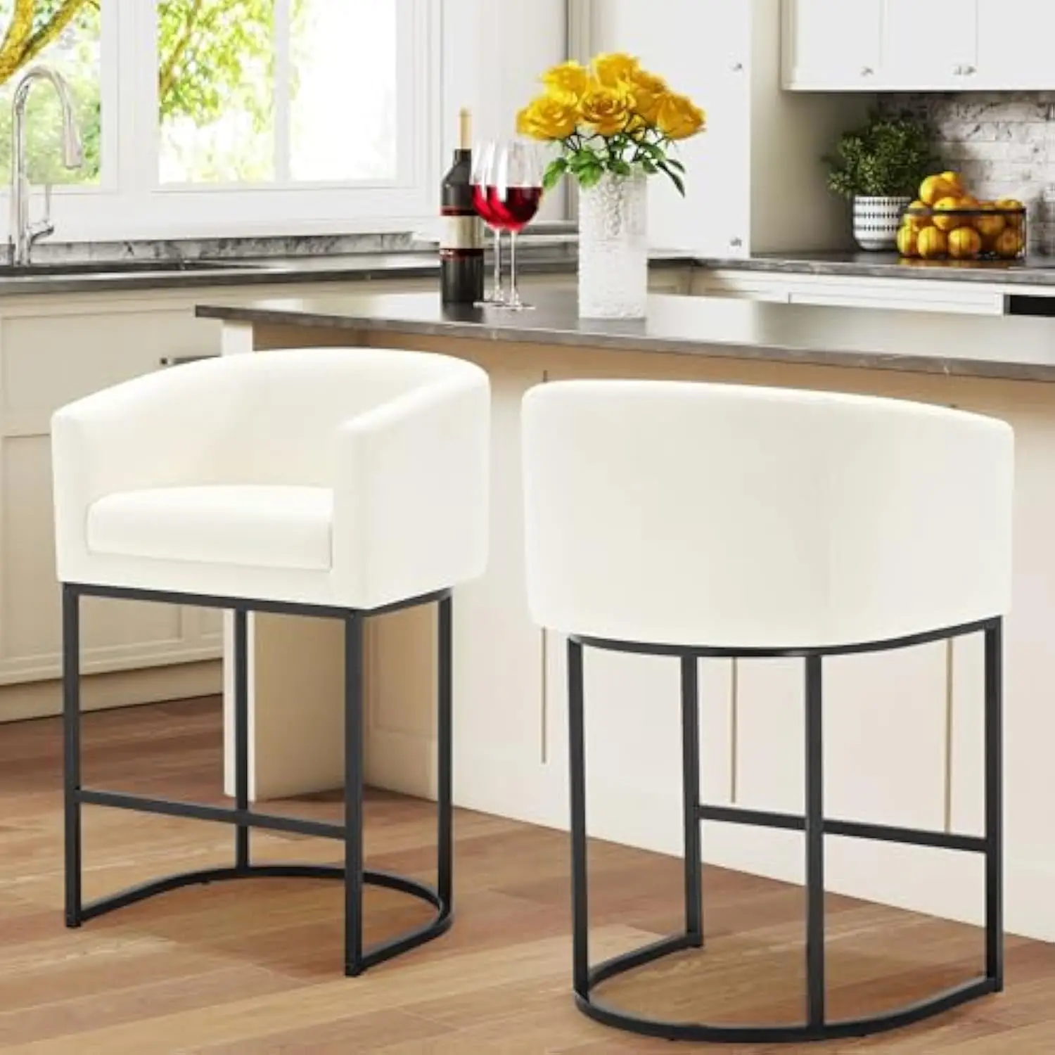 

Counter Height Bar Stools Set of 2, 26 H Modern Counter Stools with Barrel Backrest and Armrest, Linen Upholstered Kitchen Isla