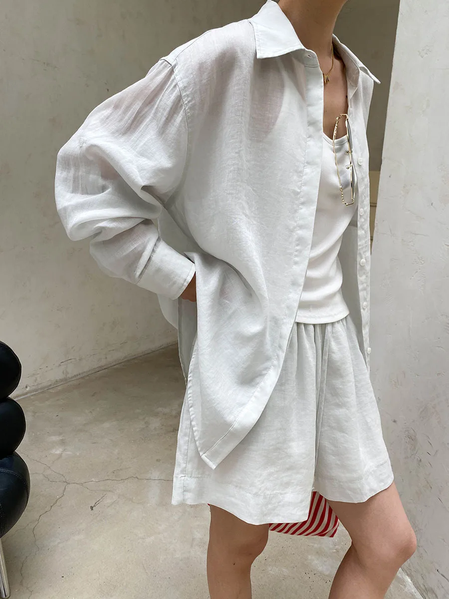Sommer Damen Casual Einfarbiges Sonnenschutz-Kragen-Langarmshirt mit Kordelzug-Shorts, Lockeres Set – Detail 7