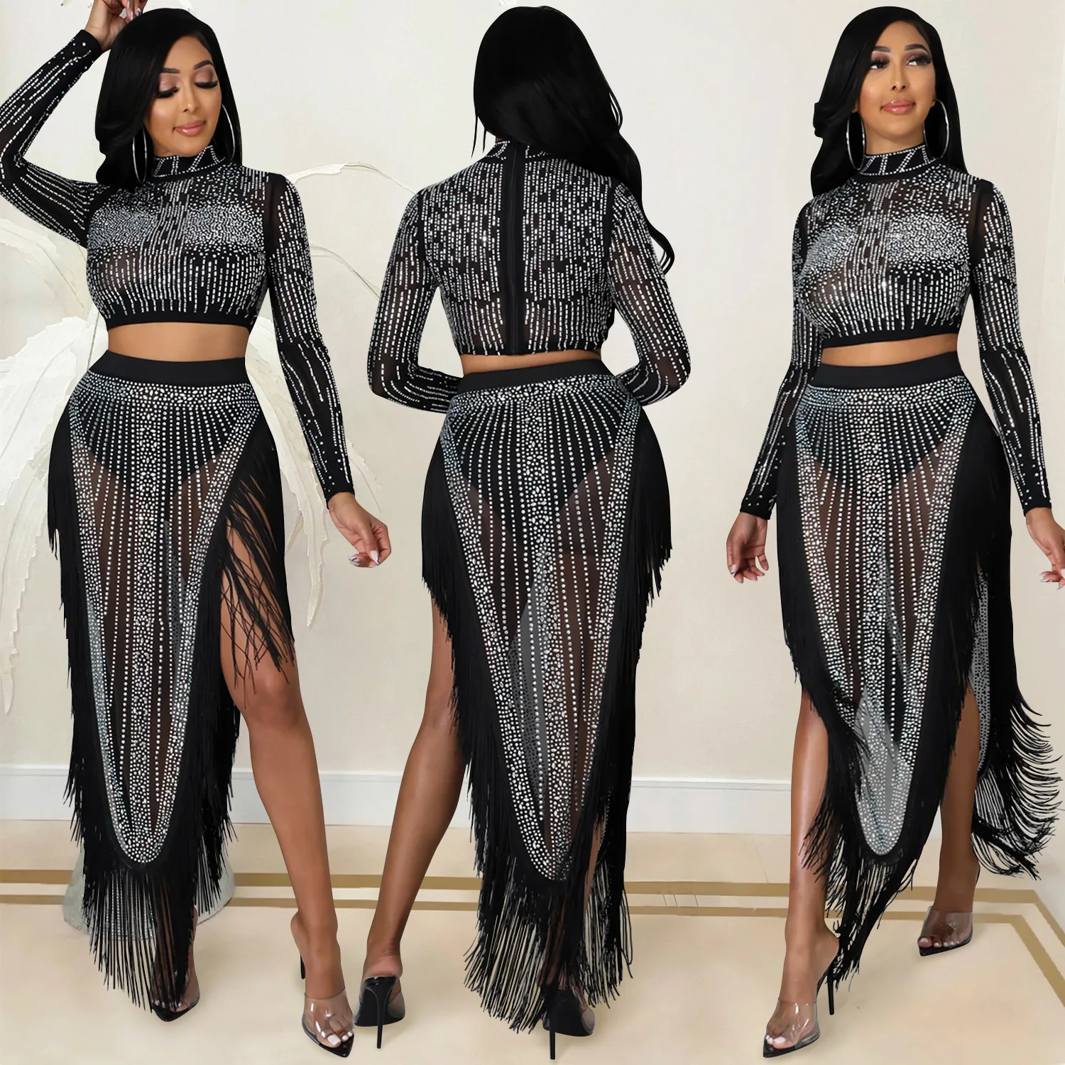 

customized women's adult belly dance fashion outfit sparkling diamond mesh transparent long sleeved slit skirt exotic dancewear