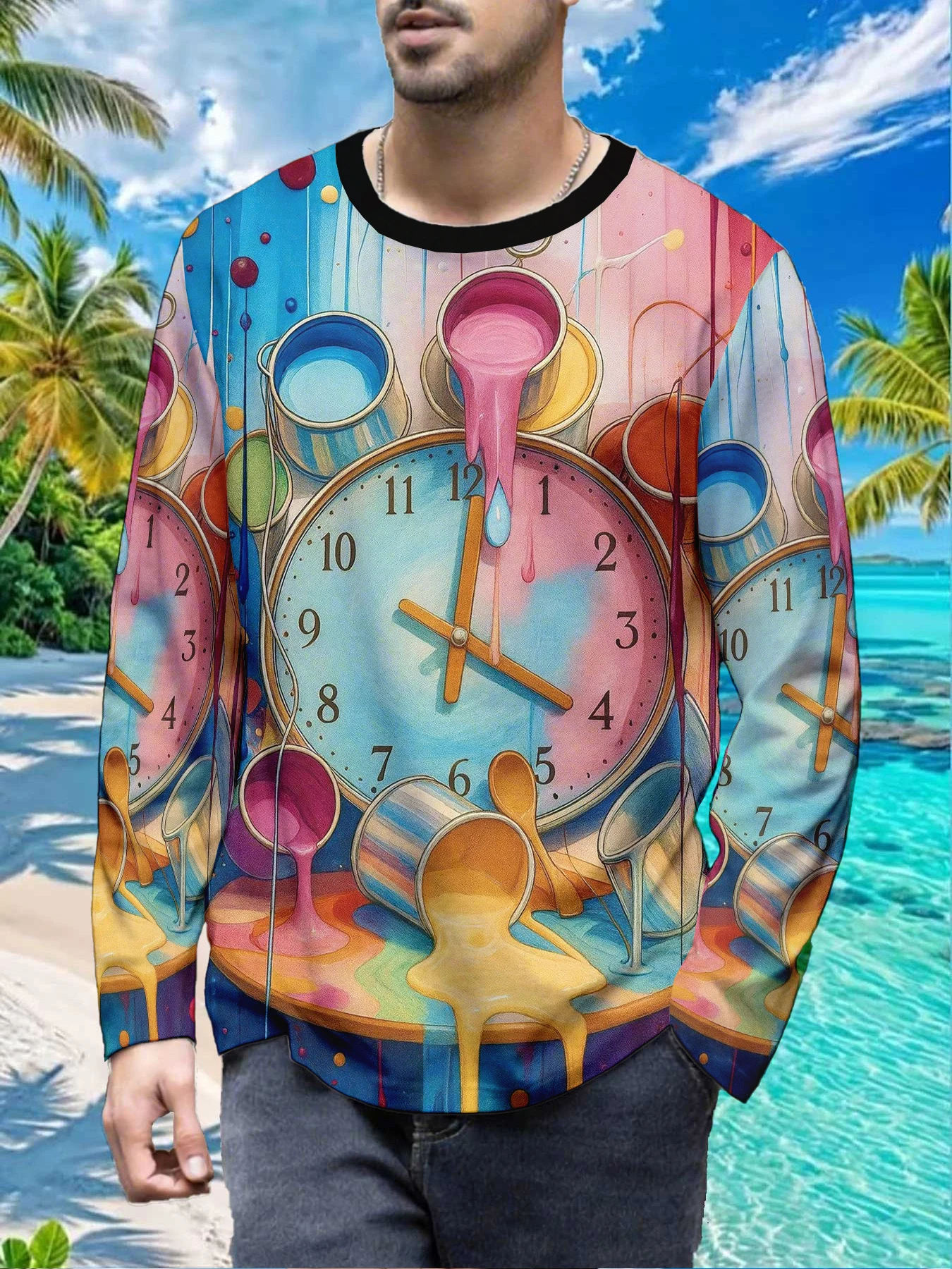 Surreal Art Melting Clock Paint Drip Mens Polyester Long Sleeve T Shirt Colorful Fluid Painting Print Graphic Tee Casual Streetw