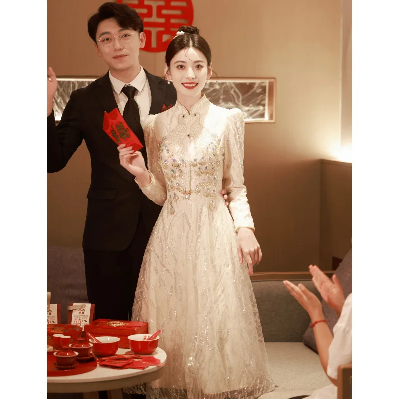 Chinese Style Wedding Bride Toasting Attire Dress Exquisite Peacock Sequins Cheongsams Women Improved Qipao Mermaid Vestidos