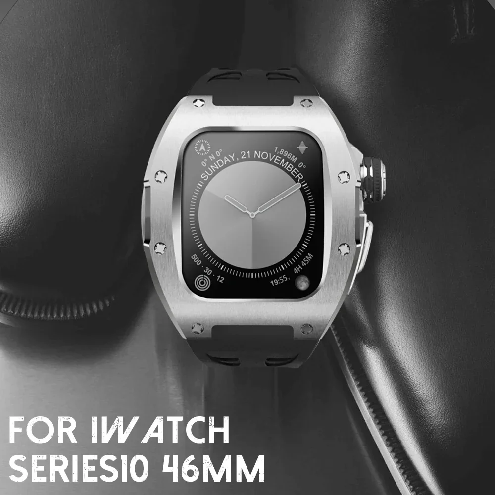 Kit Mod de acero inoxidable de lujo para Apple Watch Series 10, herramienta de correa de caucho fluorado de 46MM, instalación rápida gratuita, estilo de desmontaje