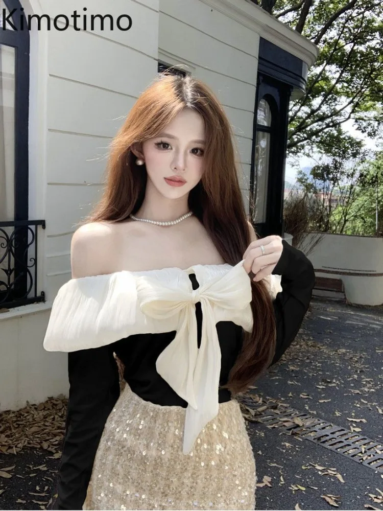 

Kimotimo French Elegant Slash Neck Bow Tie T-shirt Women Spring Sweet Off Shoulder Sheath Crop Top Gentle Long Sleeve Y2k Tees
