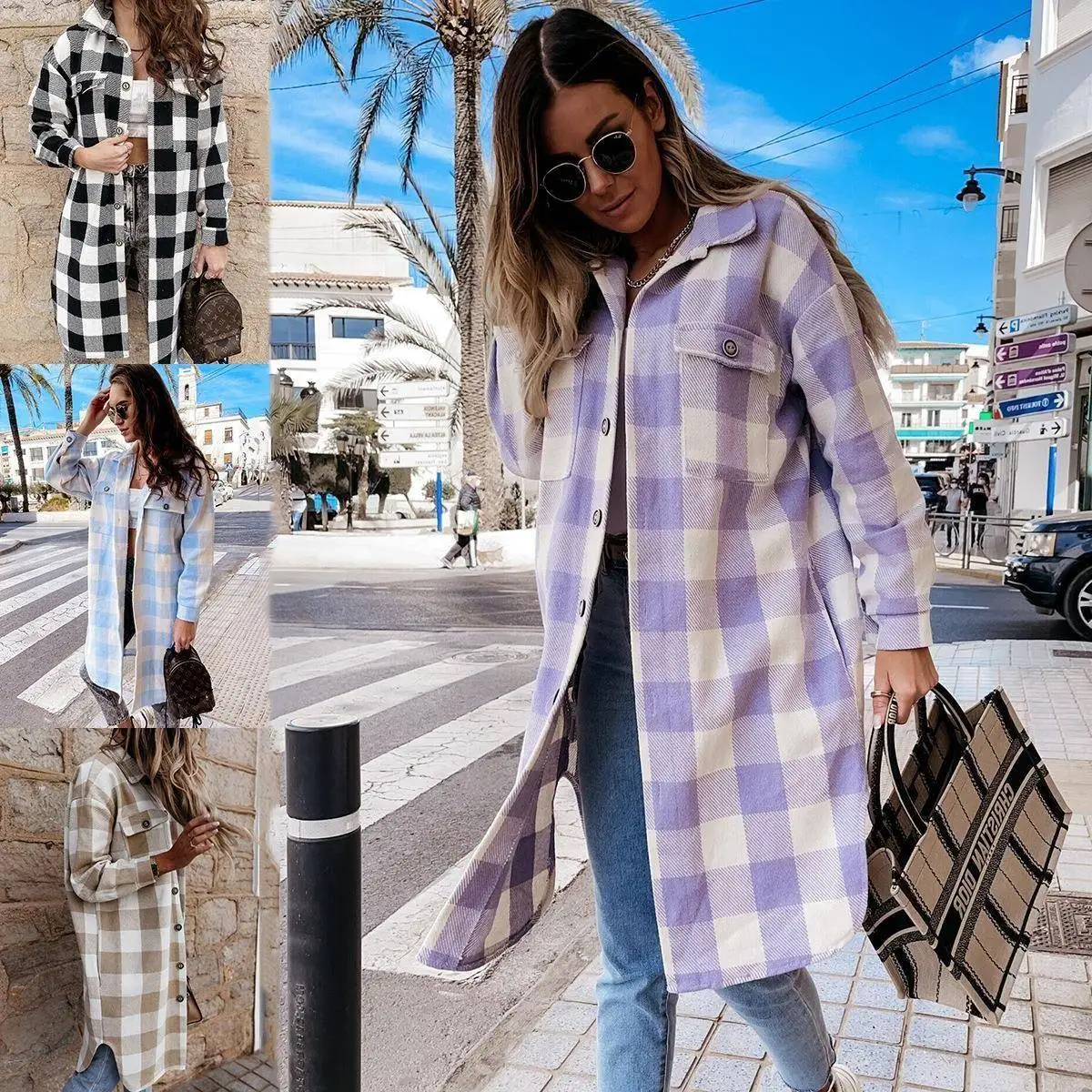 

Faionable Long Plaid irt Dr Ele Straight Cut Woolen Material Regular Sve Length for Women Resistant to Deformation
