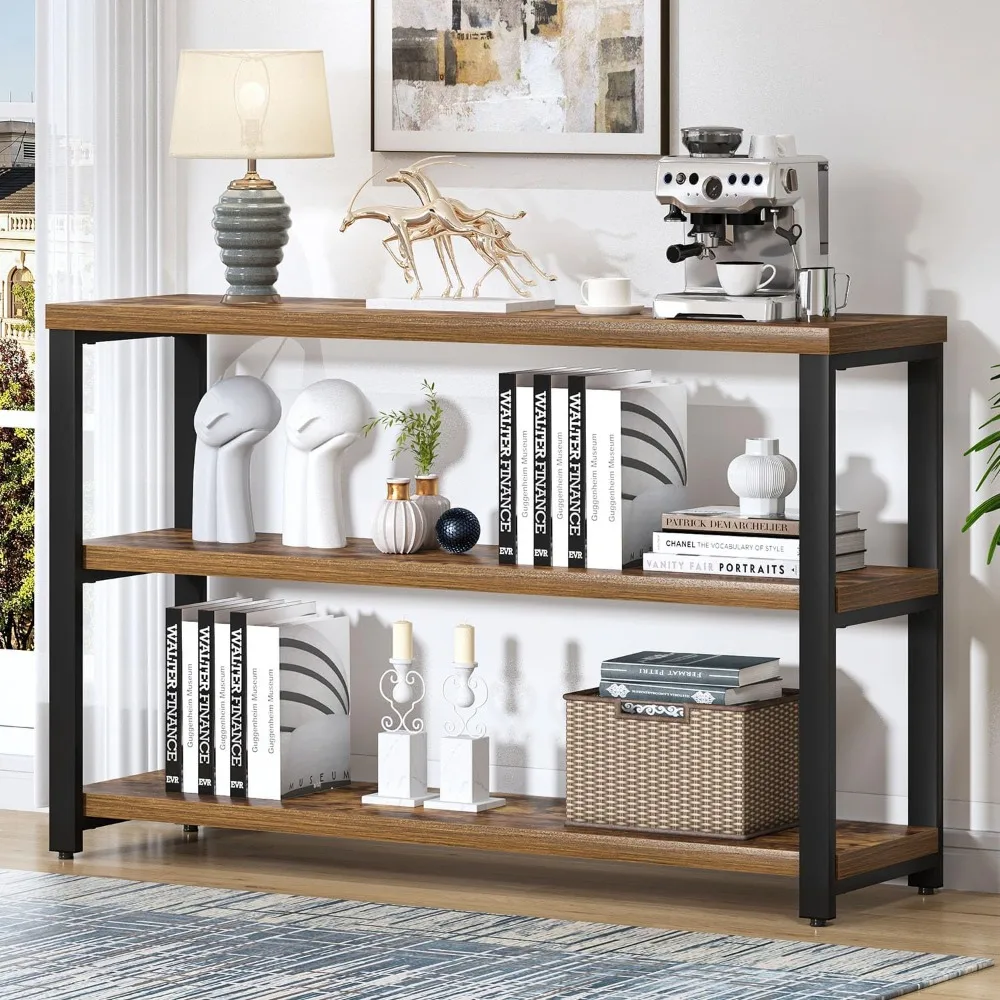 EXCEFUR Industrial Sofa Console Table, Entryway Table with 3 Tier Wood Storage Shelves, Foyer Table for Living Room Hallway Behi