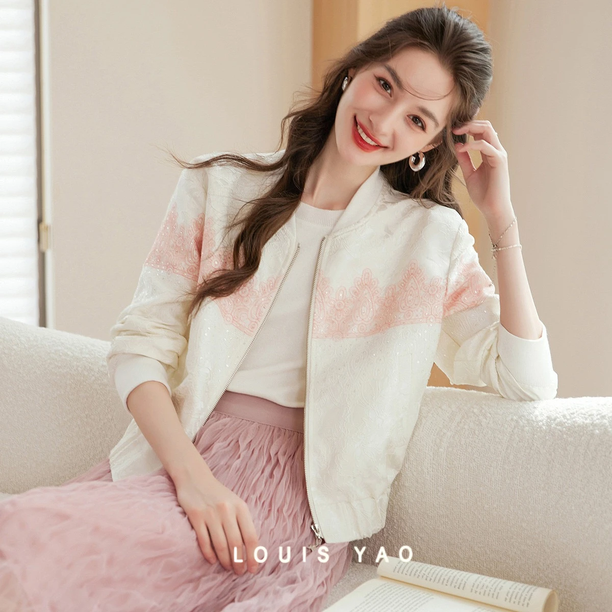 

LOUIS YAO Baseball Shirt Embroidered Zipper Women's Jacket 2025 Autumn Tops Color Contrast Ribbon Splicing Cardigan Coat