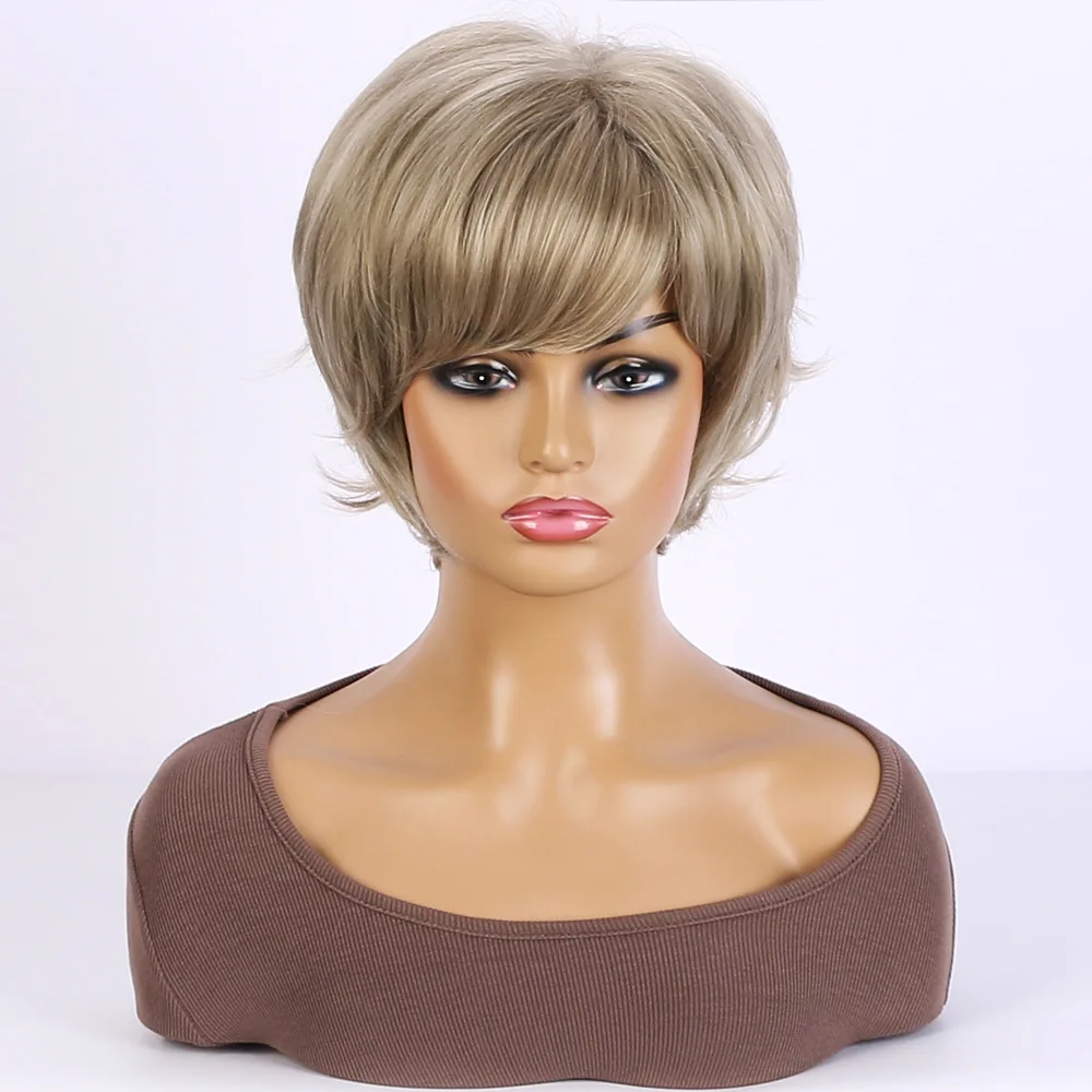 Dames Mode Korte Synthetische Pruiken Pixie Cut Blone Haar Kostuum Feest Pruiken Voor Vrouw Pluizige Realitische Krullend Pruik