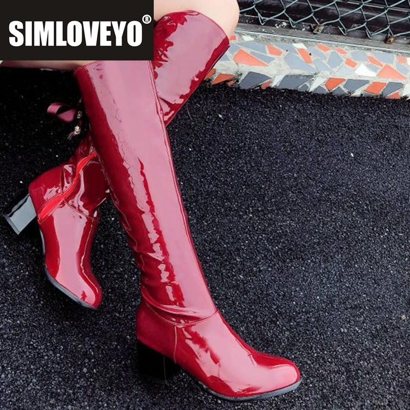 

SIMLOVEYO Женские сапоги до колена с круглым носком, резиновые сапоги на блочном каблуке 5,5 см, размер 33, 48, 49, 50 лент, черный, белый, красный