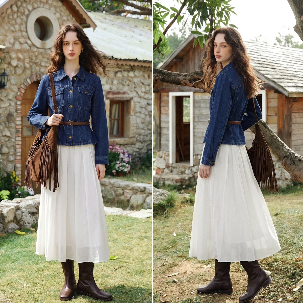 OLrain Women's Denim Jacket Autumn French Retro Long Sleeve Blue Coat 2026 Casual Detachable Belt Cropped Outerwear O58QW010332